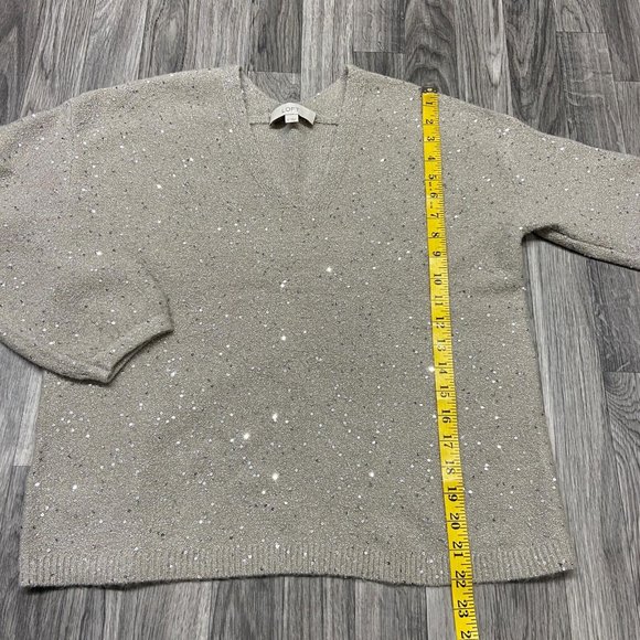 ANN TAYLOR LOFT V-Neck Pullover Tan Sequin Knit Sweater Women's Size Medium - Picture 9 of 11